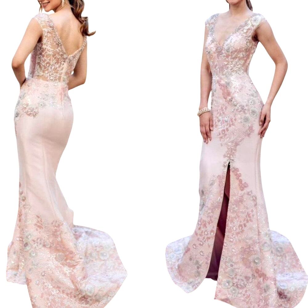 Terani Couture Blush Pink Floral Sequin Embroidered Gown US 10